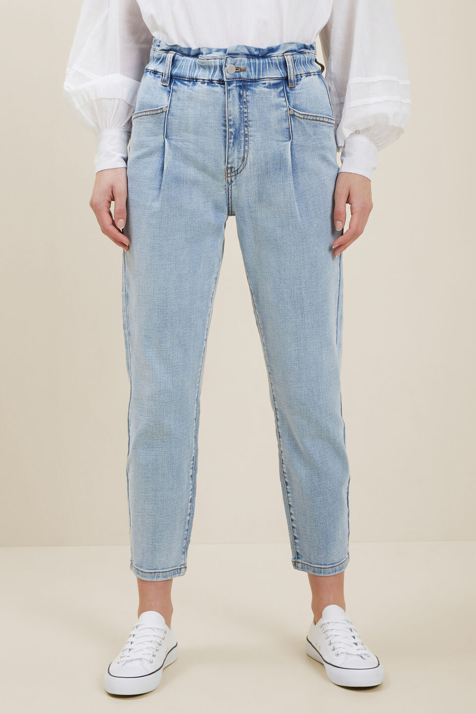 Tapered Pleat Front Jeans  Washed Blue Denim