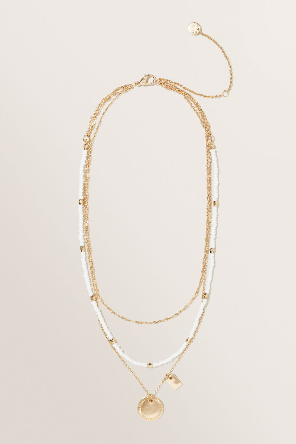 Beaded Layered Disc Necklace  Gold White