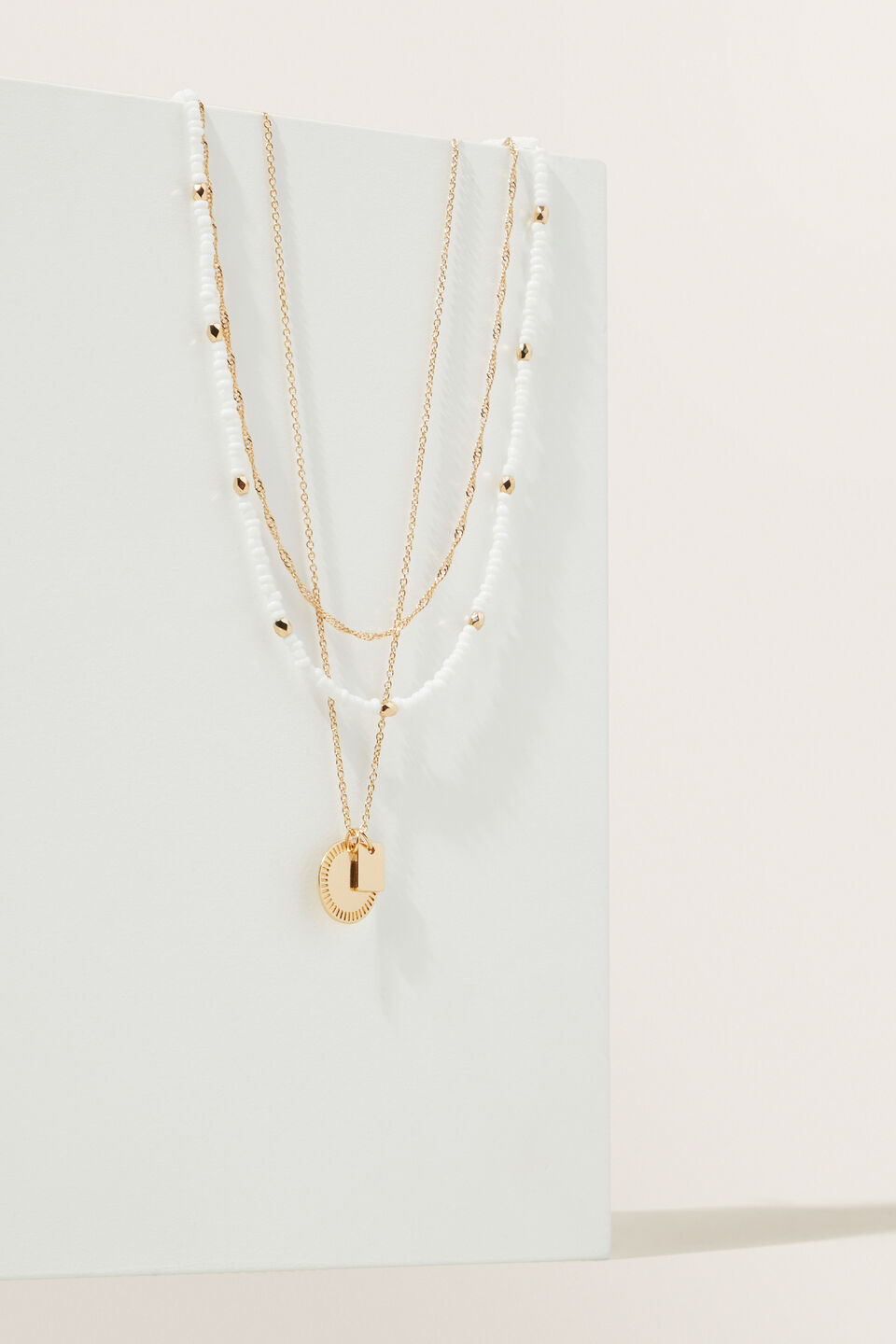 Beaded Layered Disc Necklace  Gold White