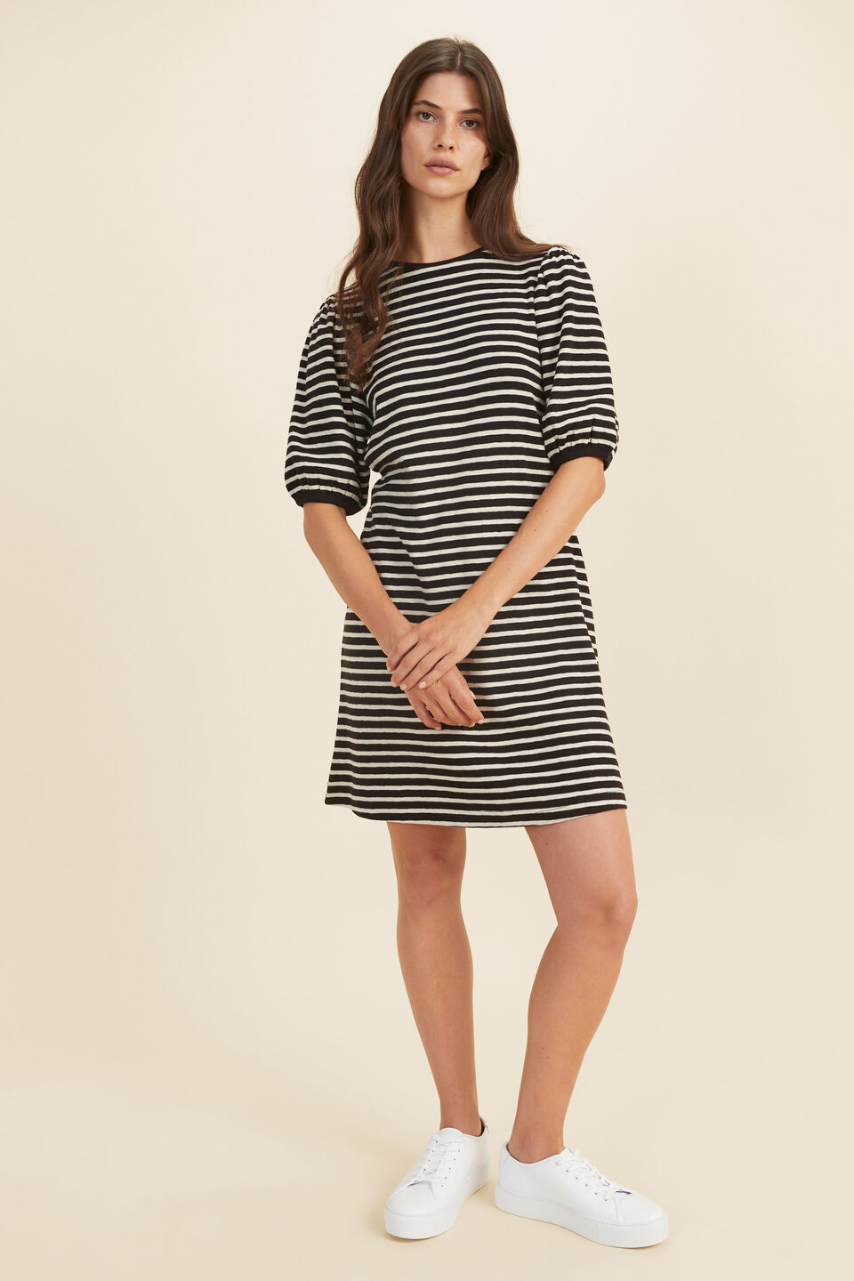 Stripe Puff Sleeve Mini Dress  Black Oat Stripe