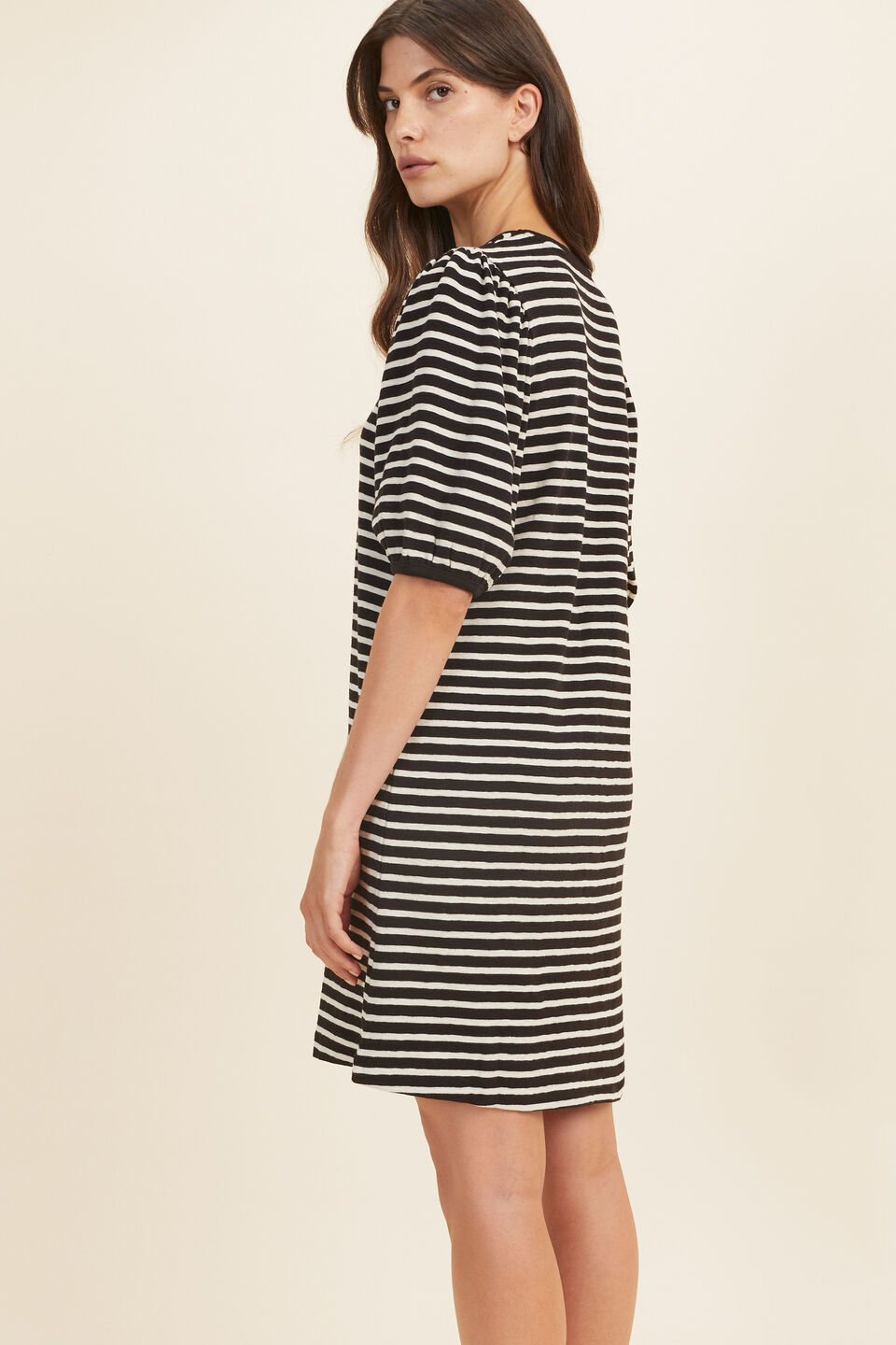 Stripe Puff Sleeve Mini Dress  Black Oat Stripe