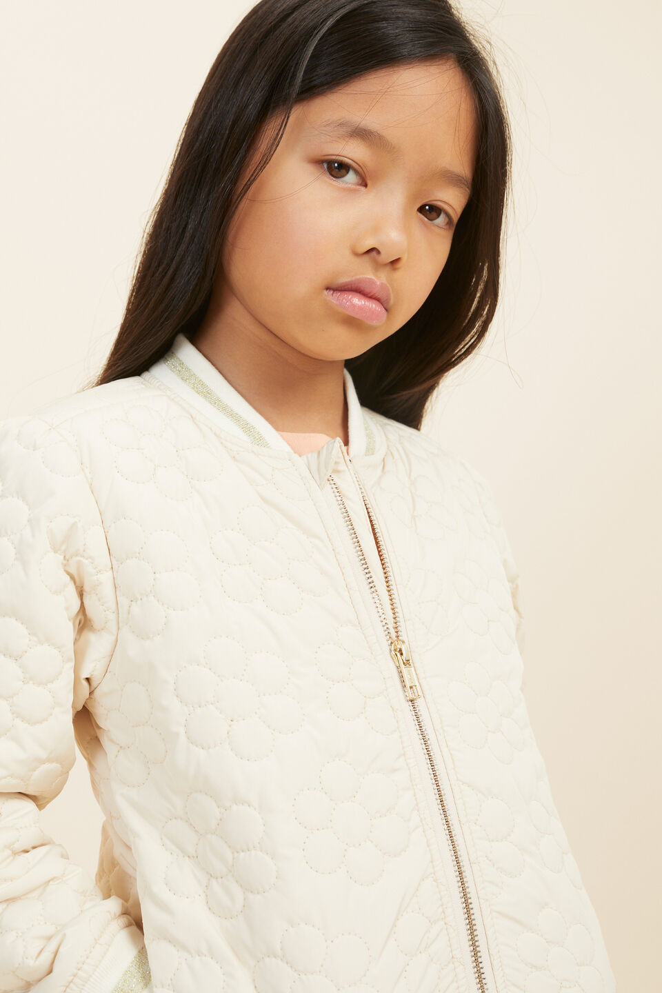 Quilted Daisy Bomber  Creme