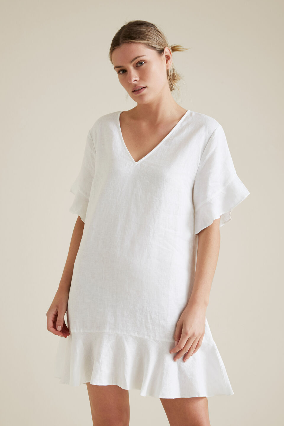 Linen Flutter Sleeve Dress  Whisper White