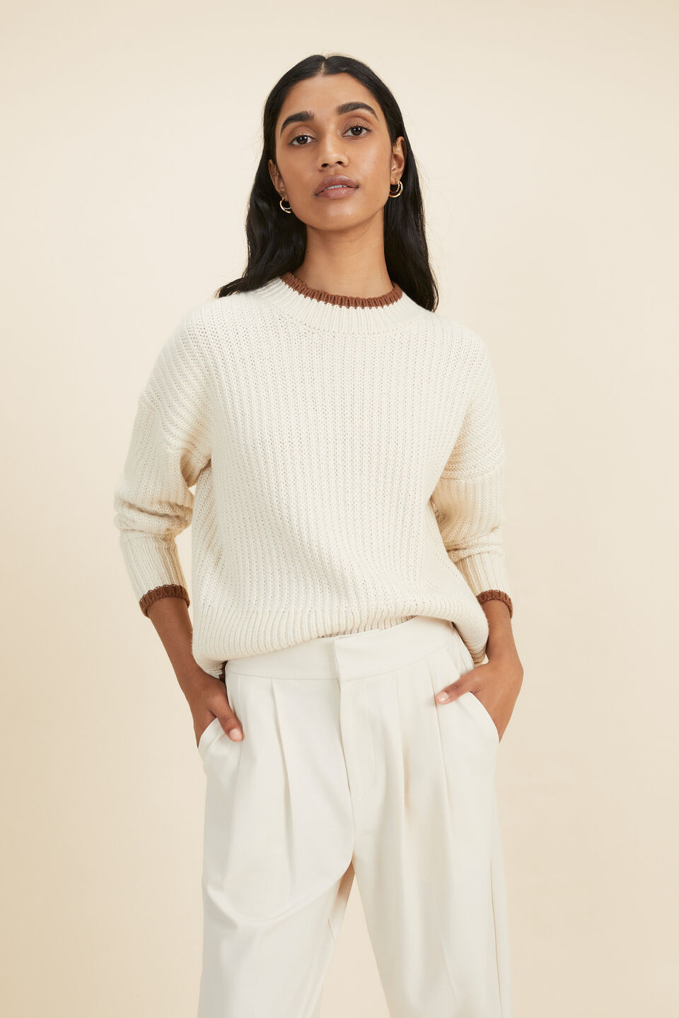 Contrast Stitch Sweater  Pebble Cream