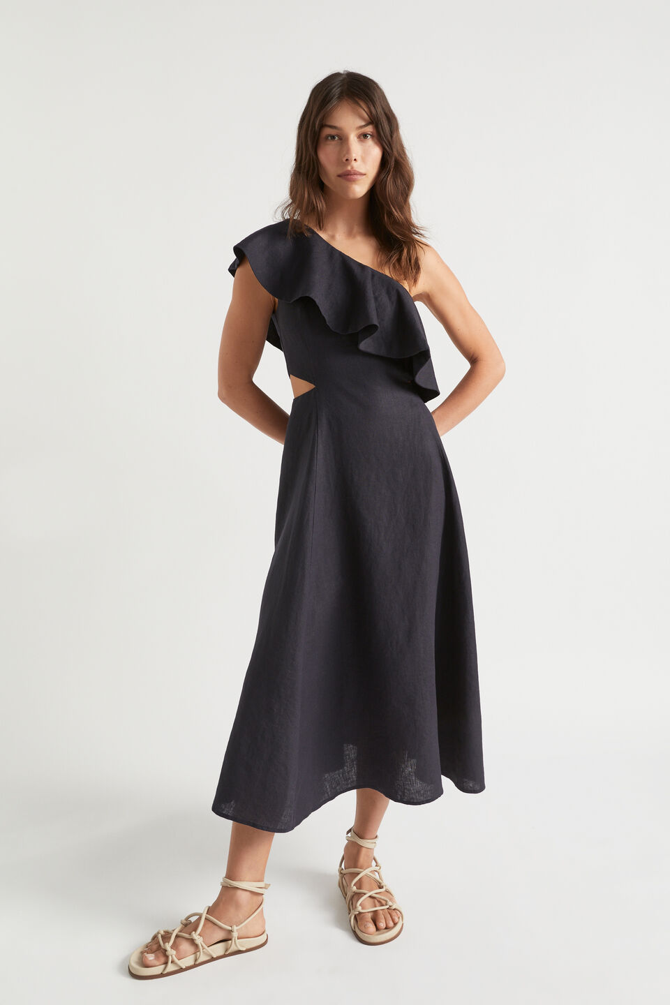 Linen Fitted One Shoulder Midi Dress  Deep Navy