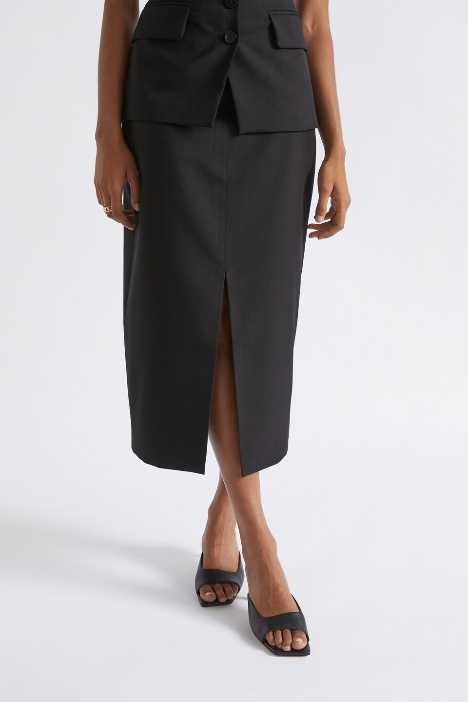 Wool Blend Split Front Skirt  Black