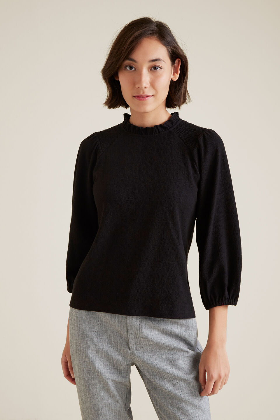 Shirred Raglan Top  Black