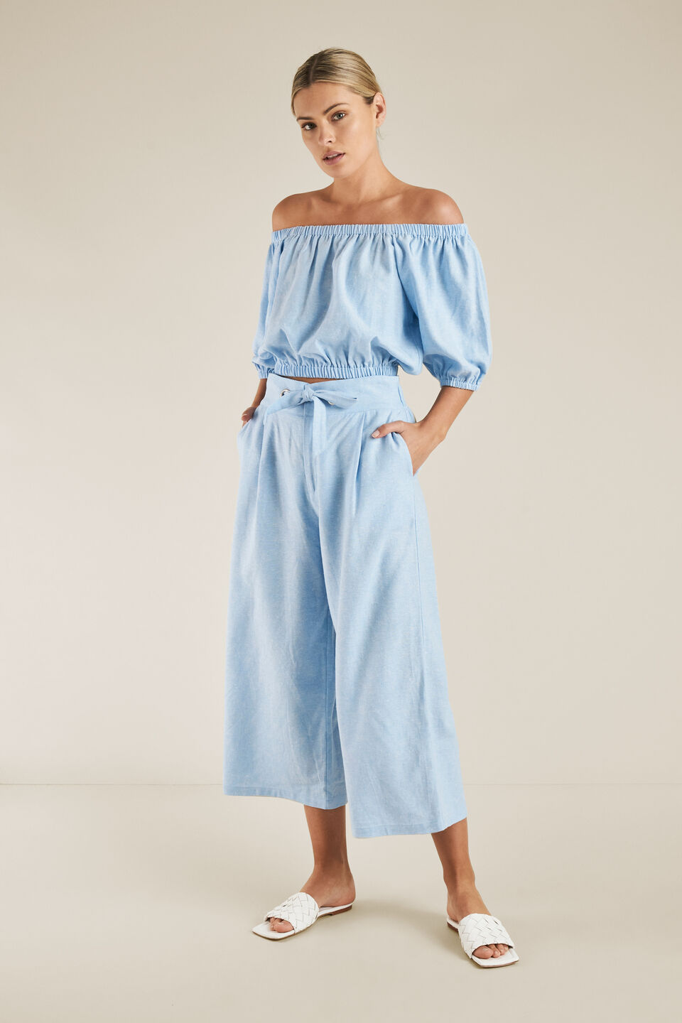 Off Shoulder Blouson Top  Ocean Blue