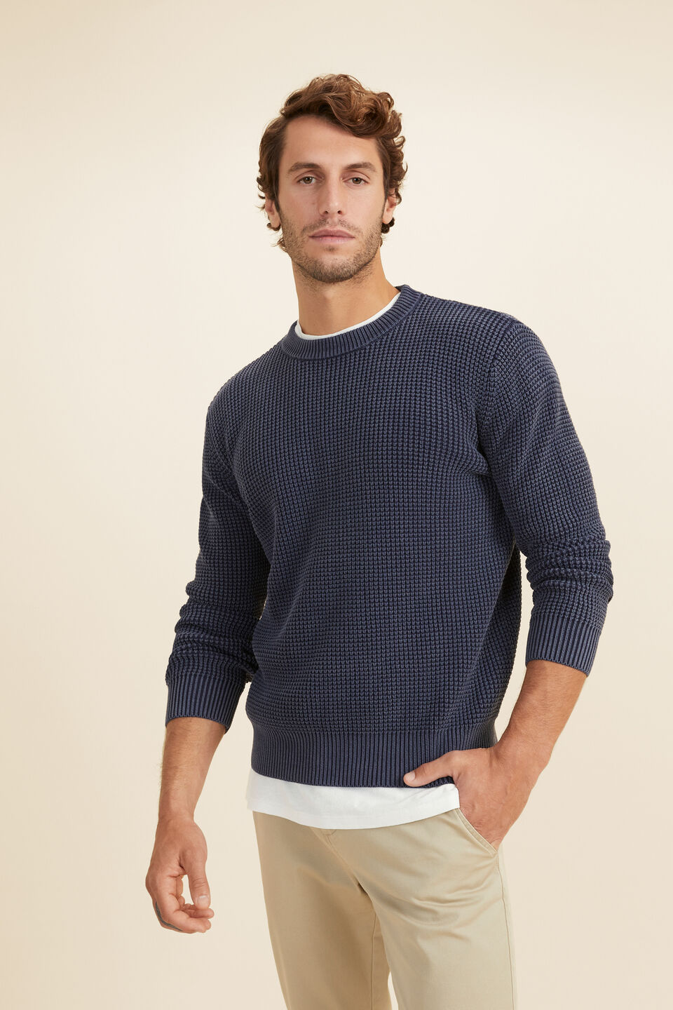 Mens Waffle Crew Knit  Midnight Blue