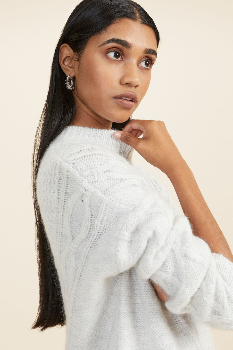 Cable Panelled Yoke Sweater  Light Grey Marle