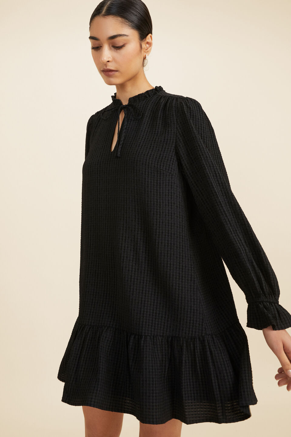 Frill Textured Mini Dress  Black