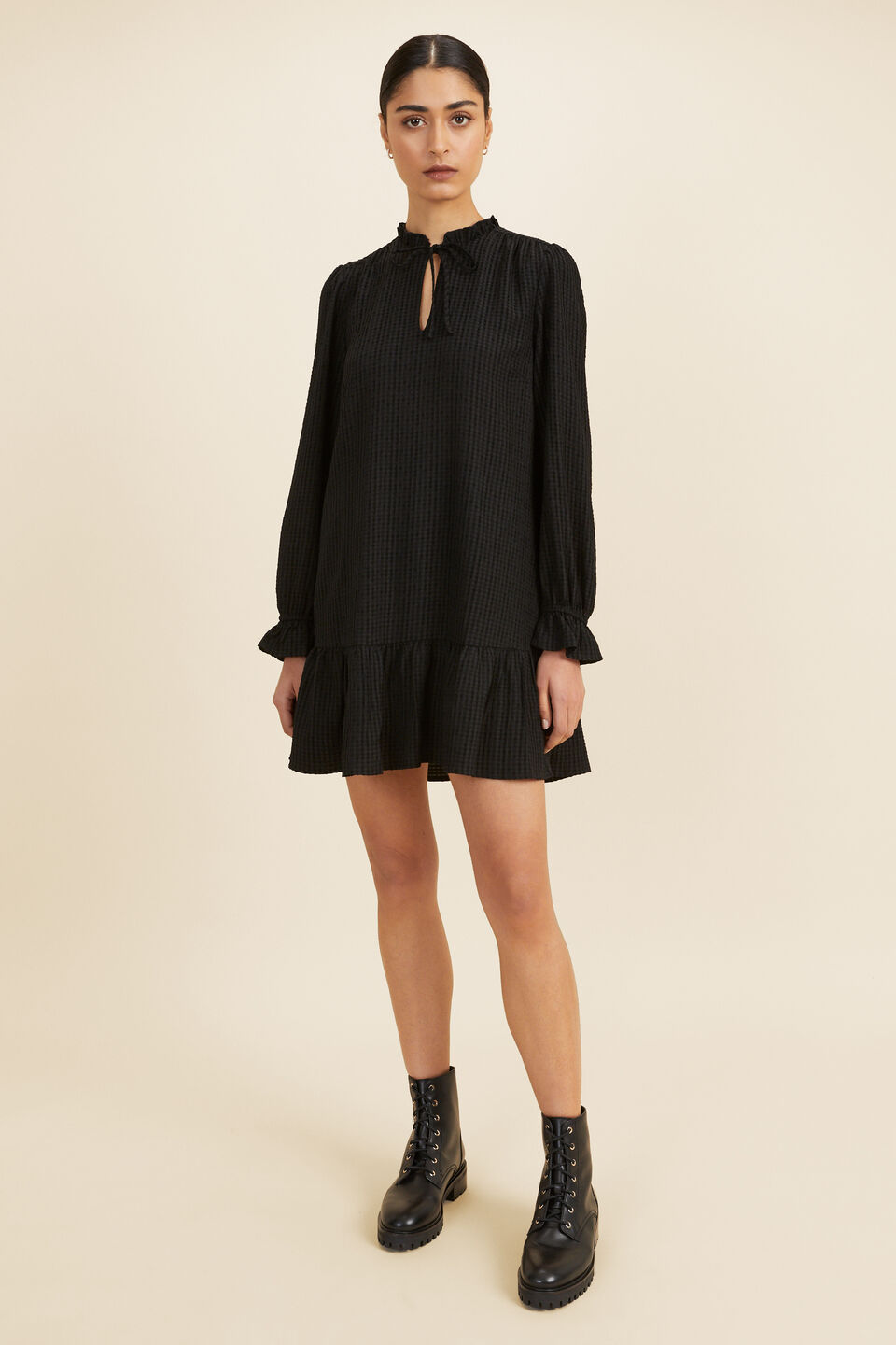 Frill Textured Mini Dress  Black