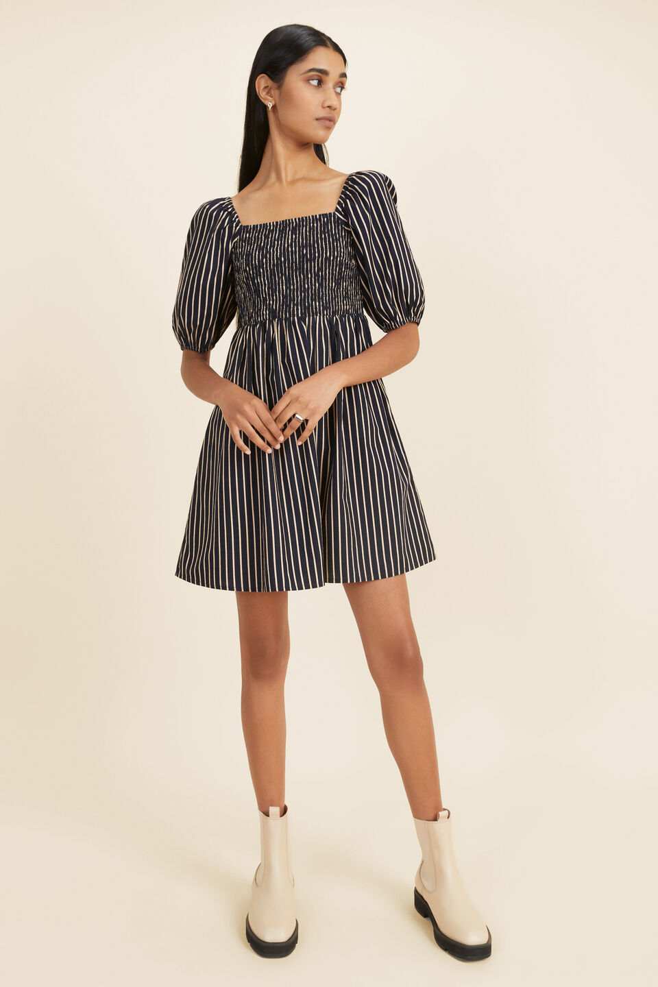 Square Neck Mini Dress  Champagne Navy Stripe