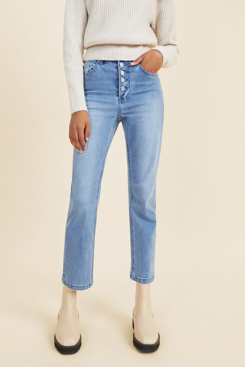 Button Fly Jean  Mid Vintage Wash