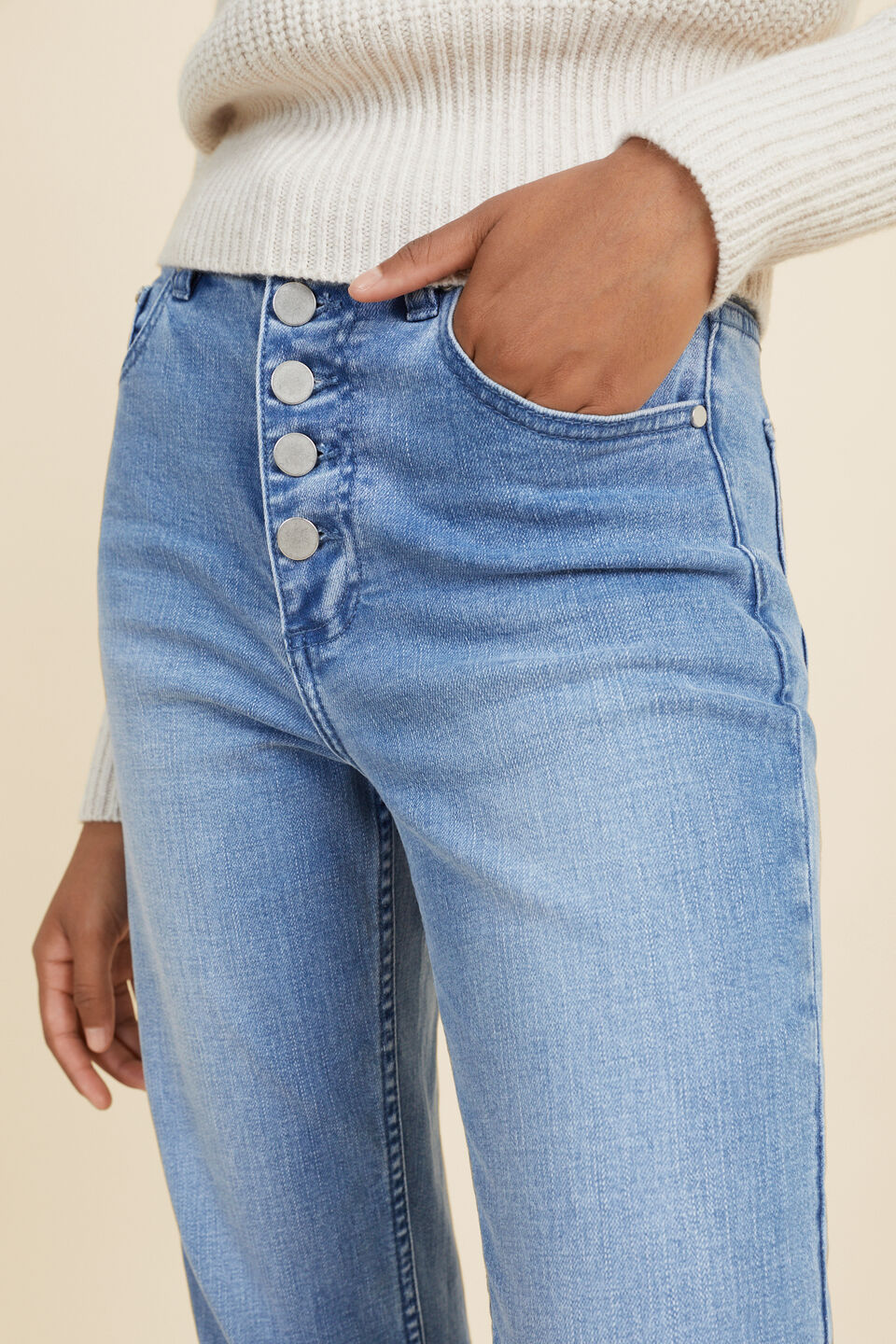 Button Fly Jean  Mid Vintage Wash