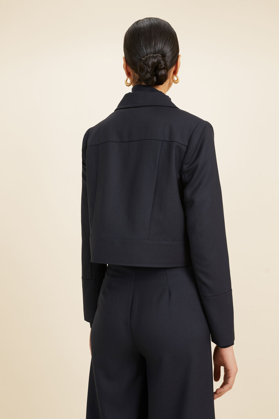 Wool Blend Cropped Suiting Jacket  Deep Navy