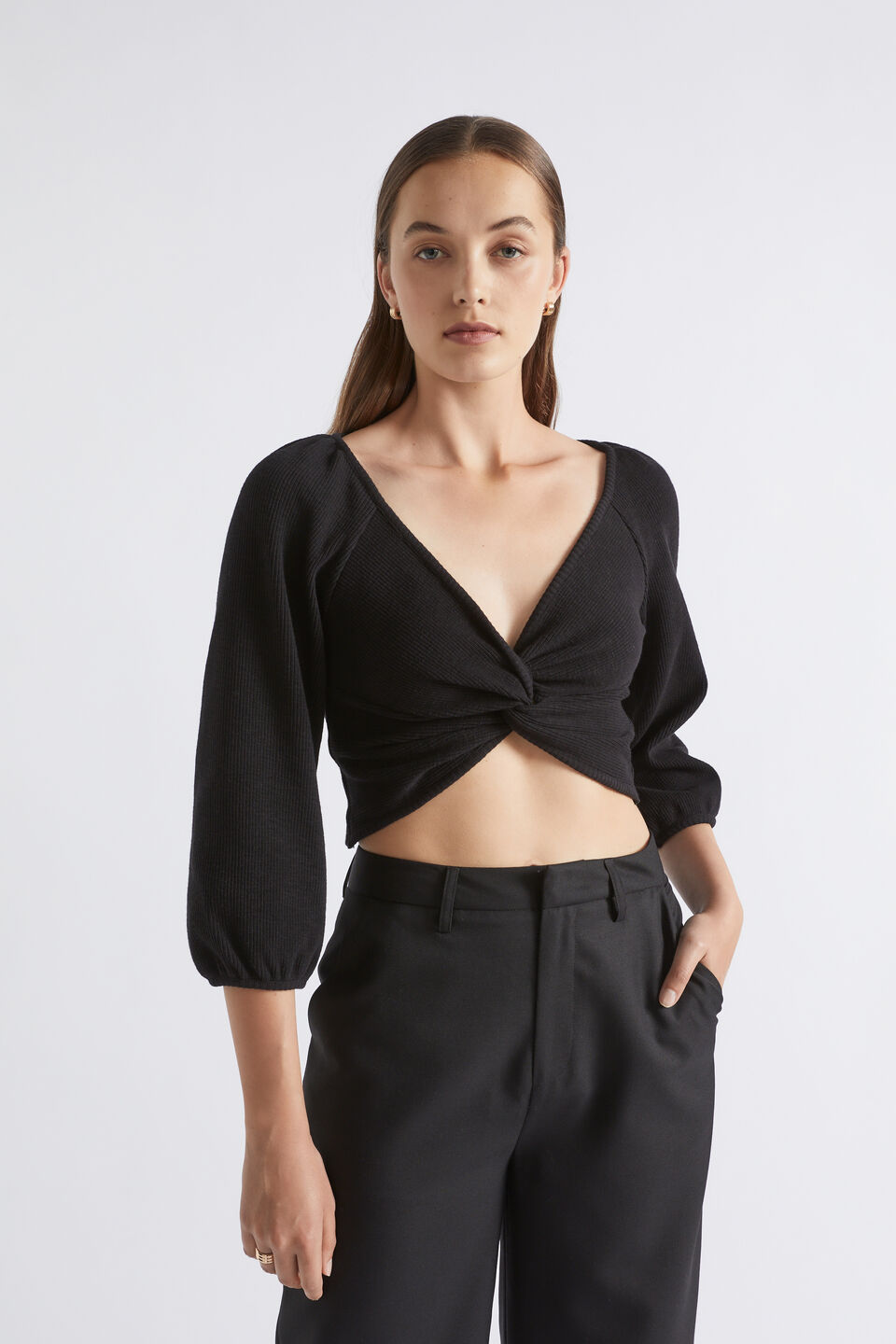 Twist Front Rib Top  Black