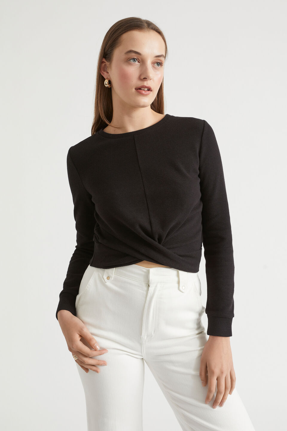 Twist Front Long Sleeve Top  Black