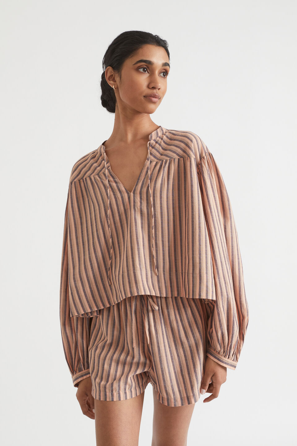 Stripe Voile Gathered Yoke Blouse  Peach Rose Stripe