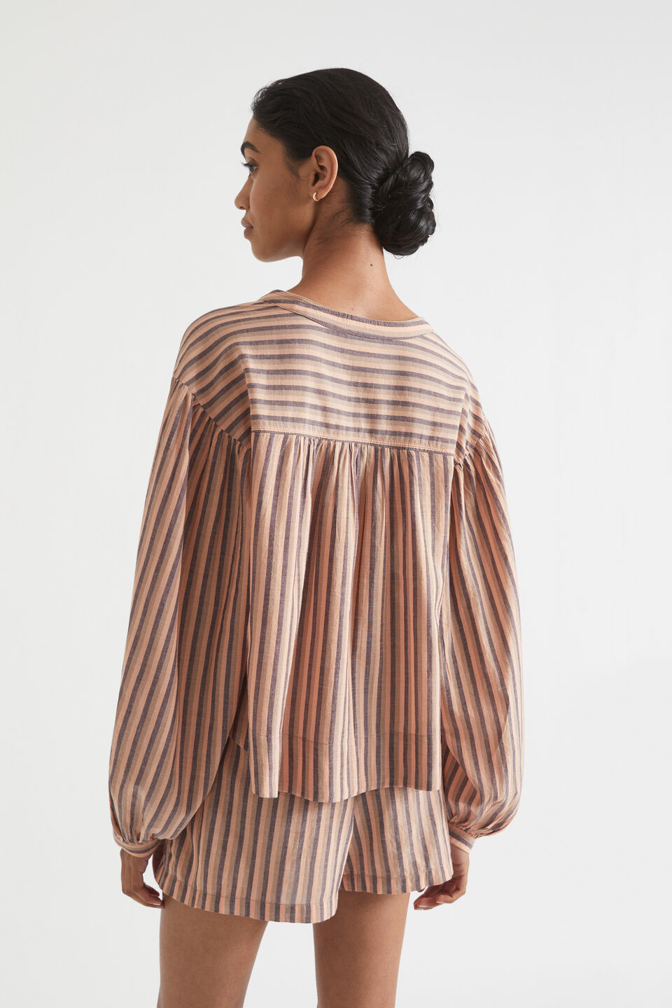 Stripe Voile Gathered Yoke Blouse  Peach Rose Stripe