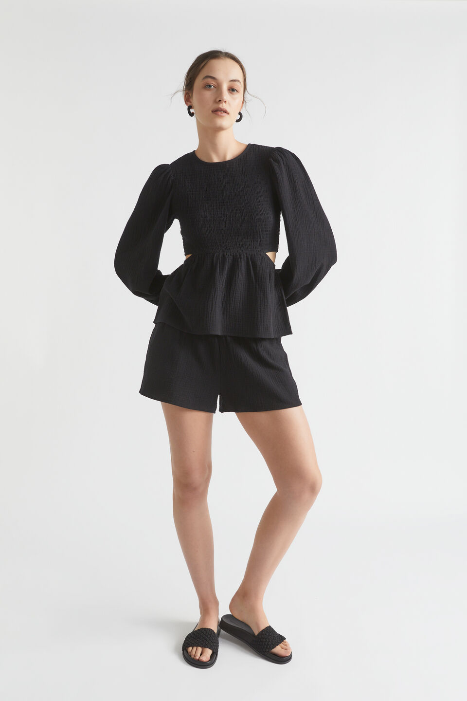 Cheesecloth Shirred Bodice Top  Black