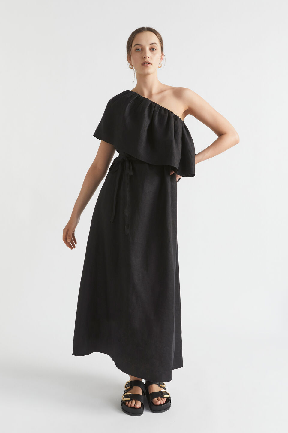 Linen One Shoulder Maxi Dress  Black