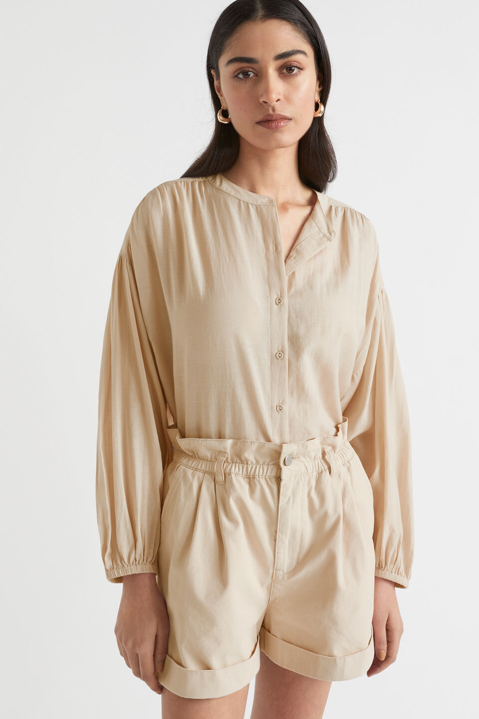 Voile Gathered Shirt  Sheer Beige