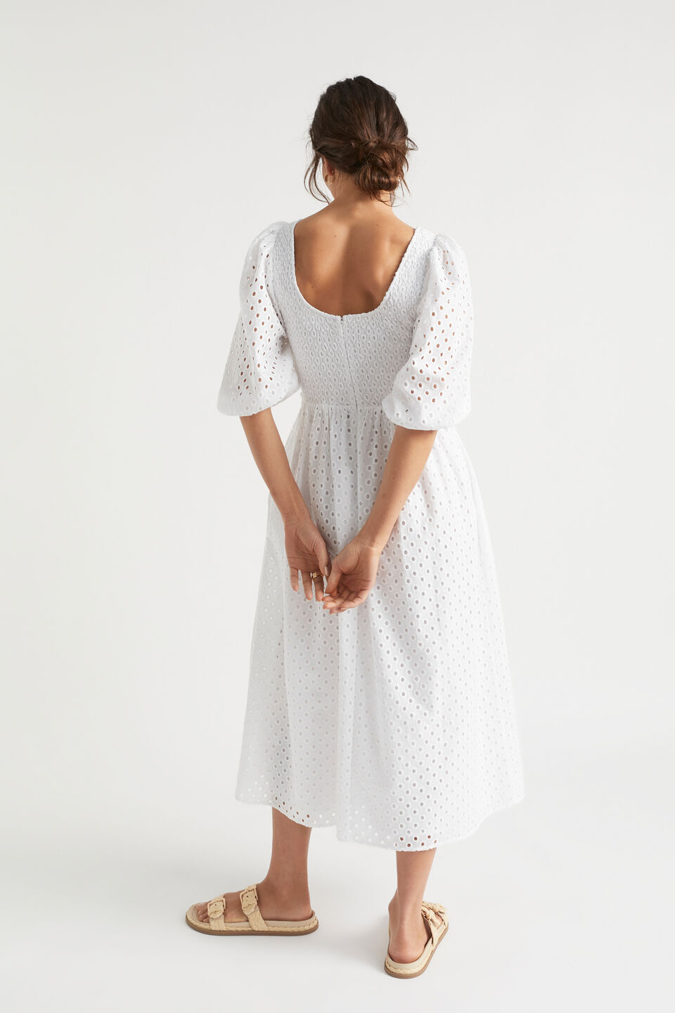 Broderie Shirred Midi Dress  Whisper White