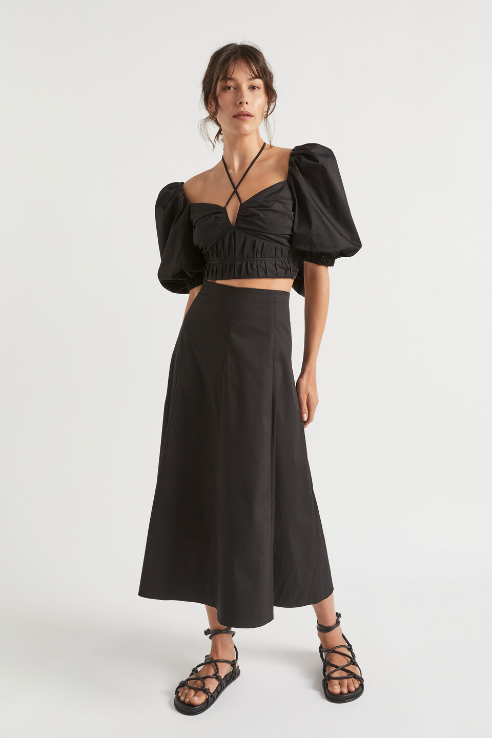 Sateen Panel Midi Skirt  Black