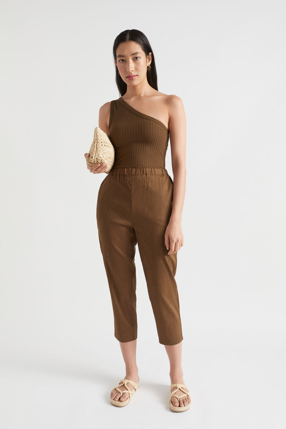 One Shoulder Rib Top  Pecan Brown