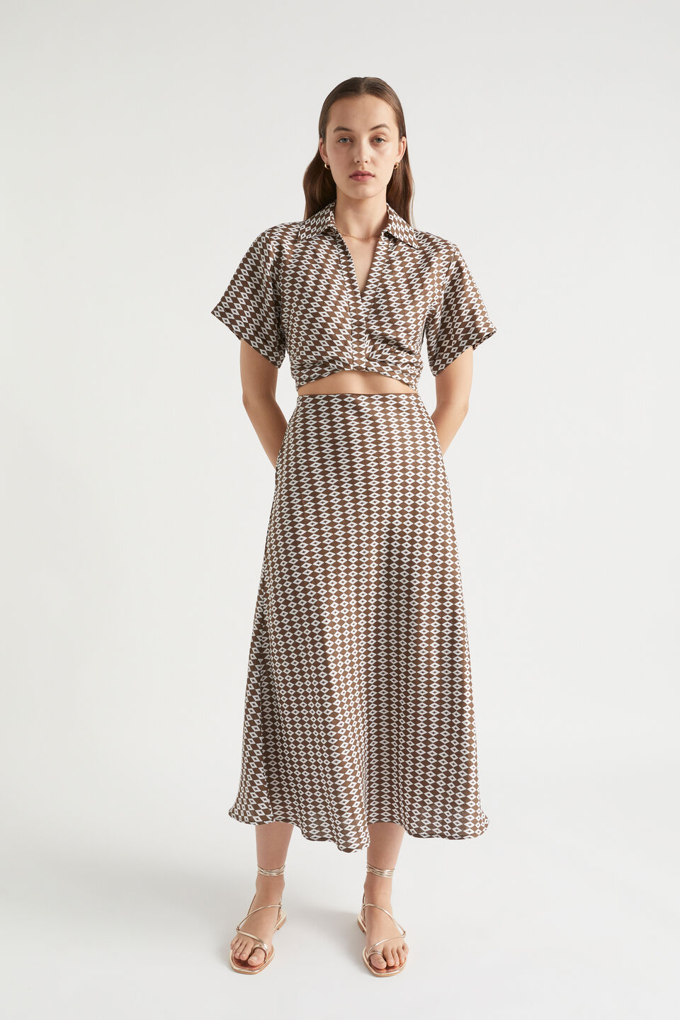 Linen Geo Maxi Skirt  Pecan Brown Geo