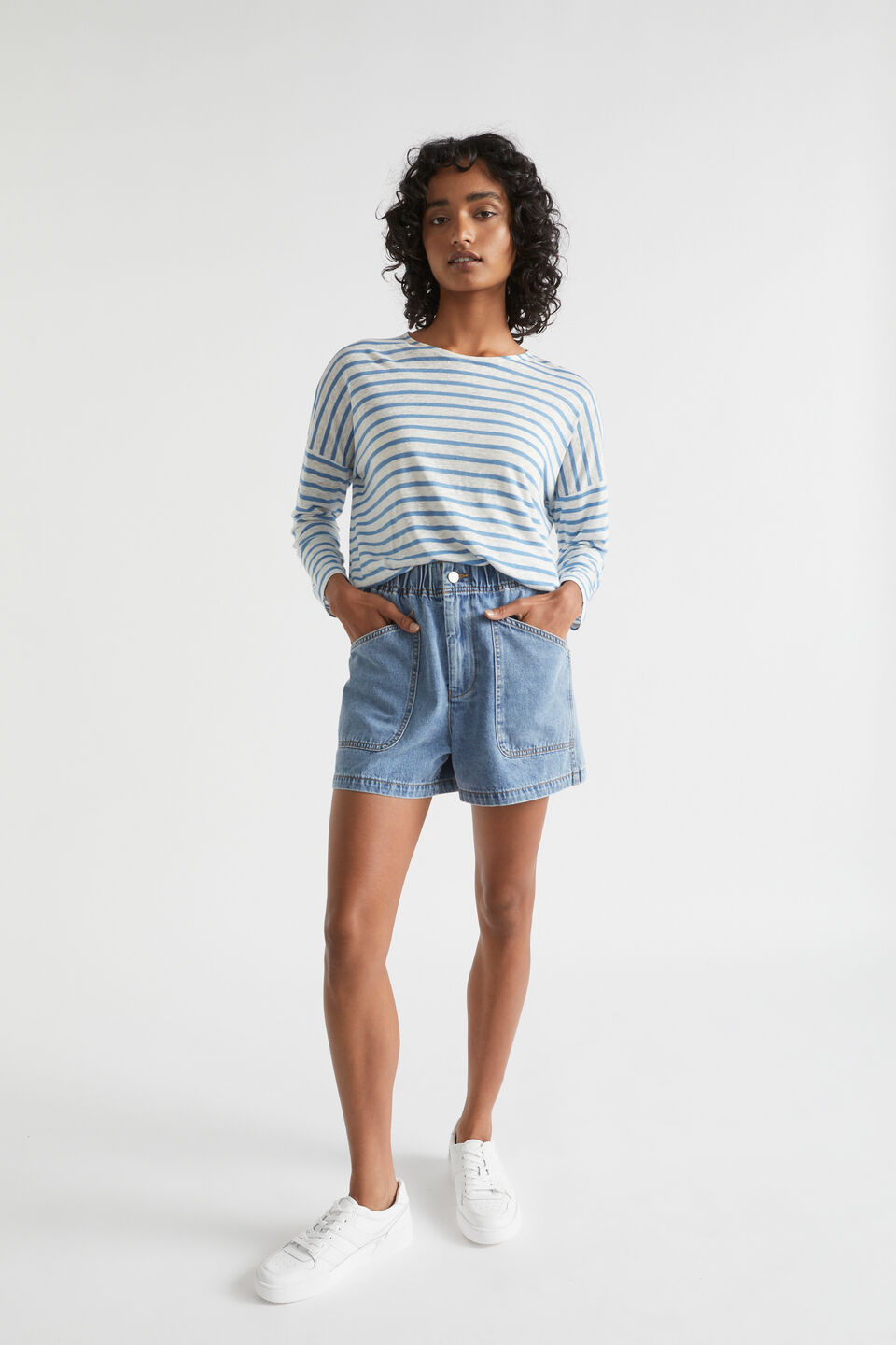 Linen Relaxed Top  Soft Cobalt Stripe