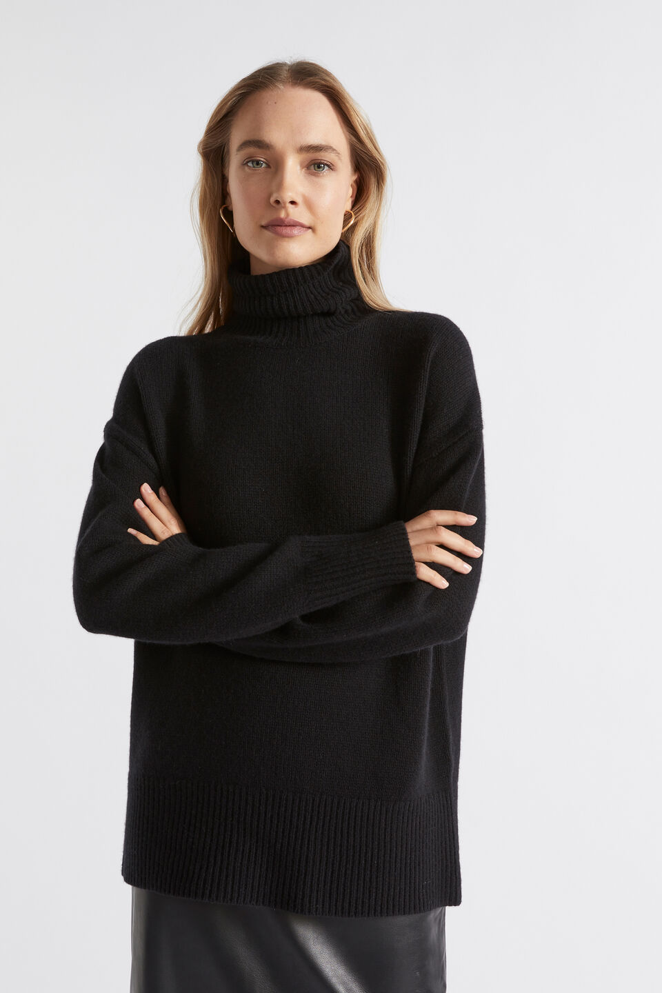 Merino Wool High Neck Knit  Black