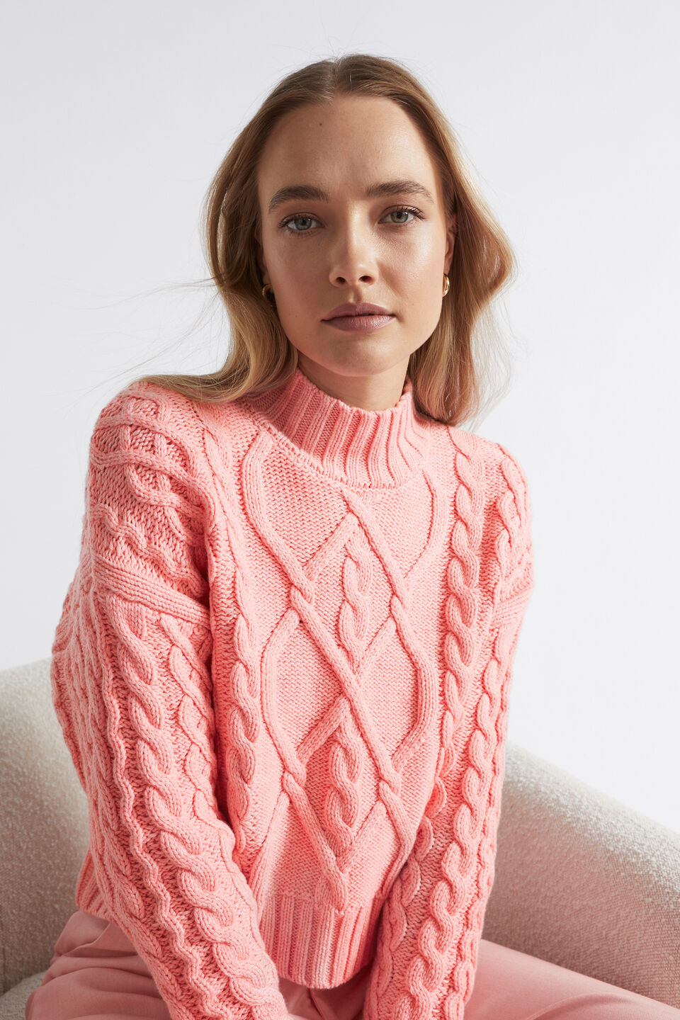 Crop All Over Cable Knit  Pale Peony Marle