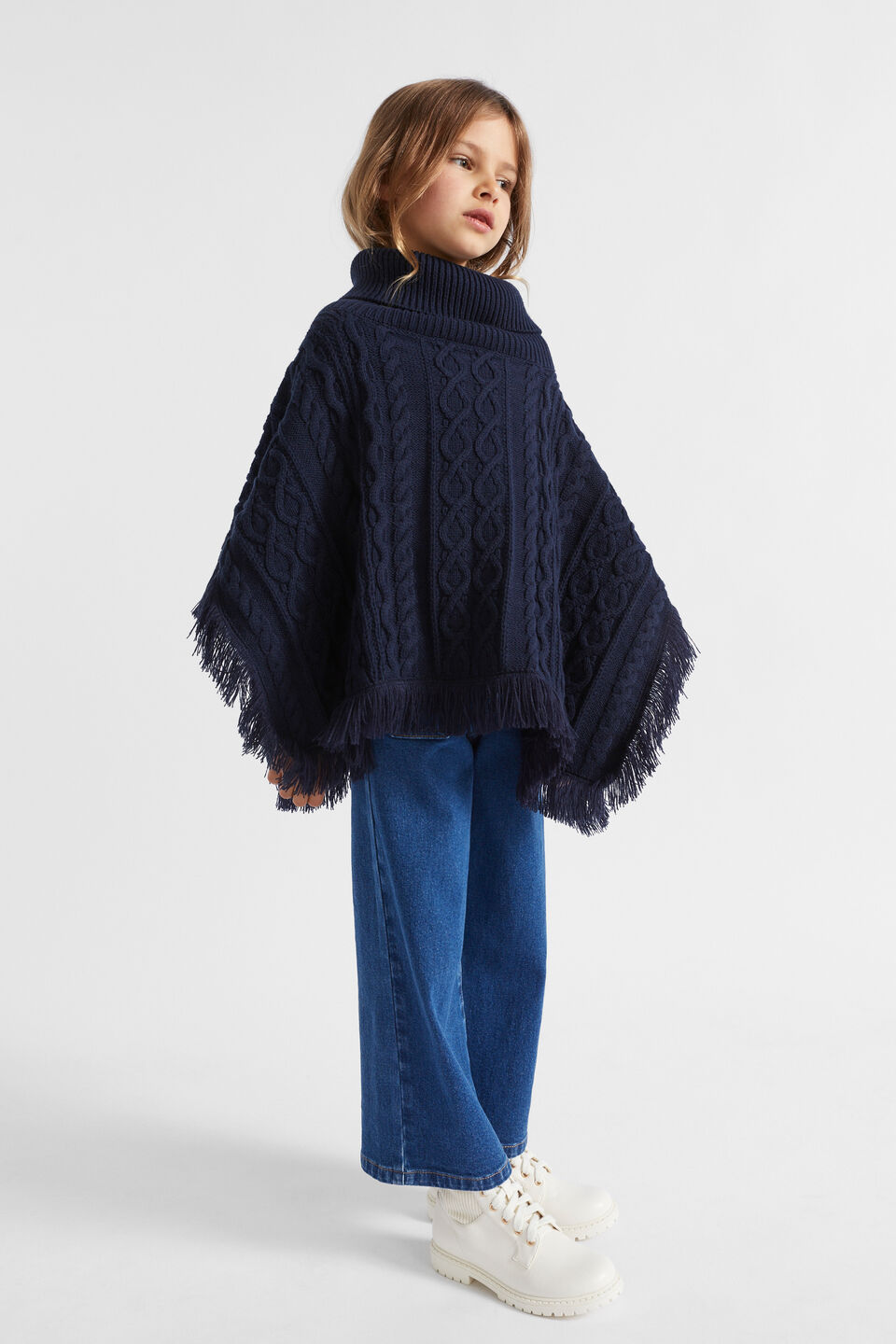 Cable Knit Poncho  Midnight Blue