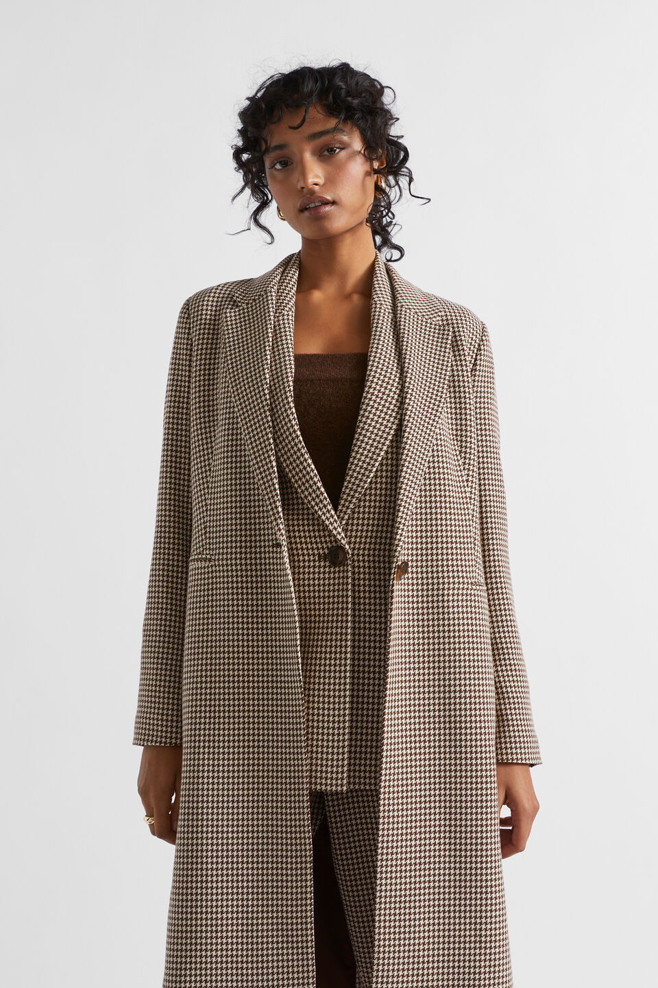 Houndstooth Longline Suiting Coat  Hot Chocolate Houndstooth