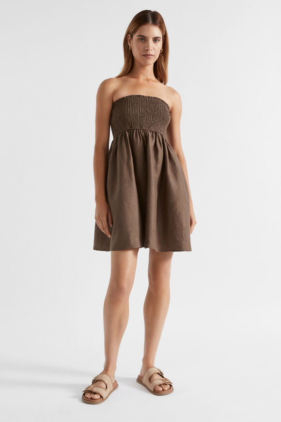 Linen Shirred Mini Dress  Affogato  hi-res