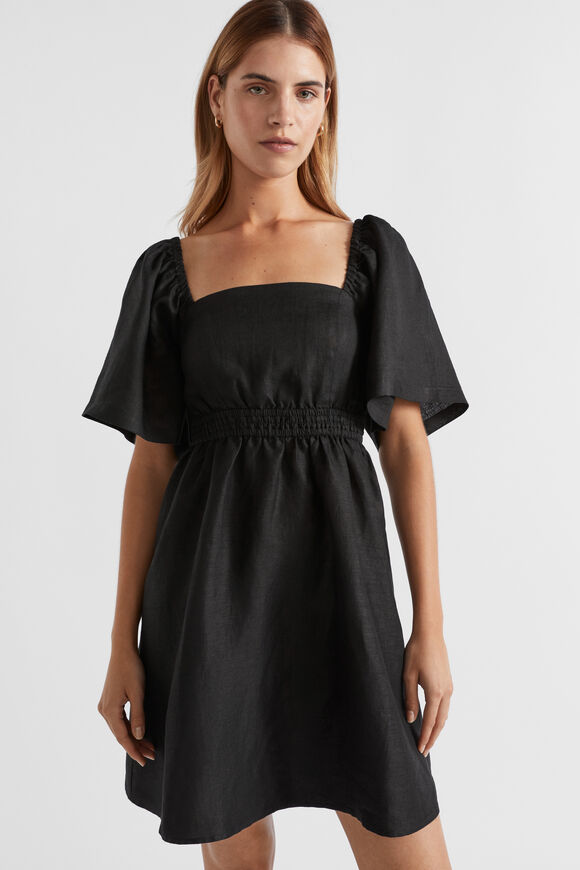 Linen Square Neck Mini Dress  Black  hi-res