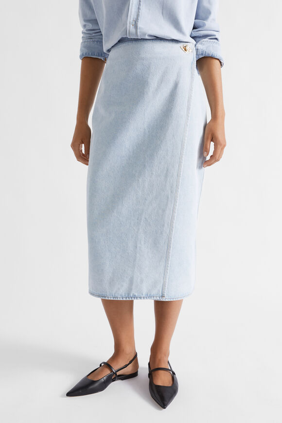 Denim Midi Wrap Front Skirt  Glacier Denim  hi-res