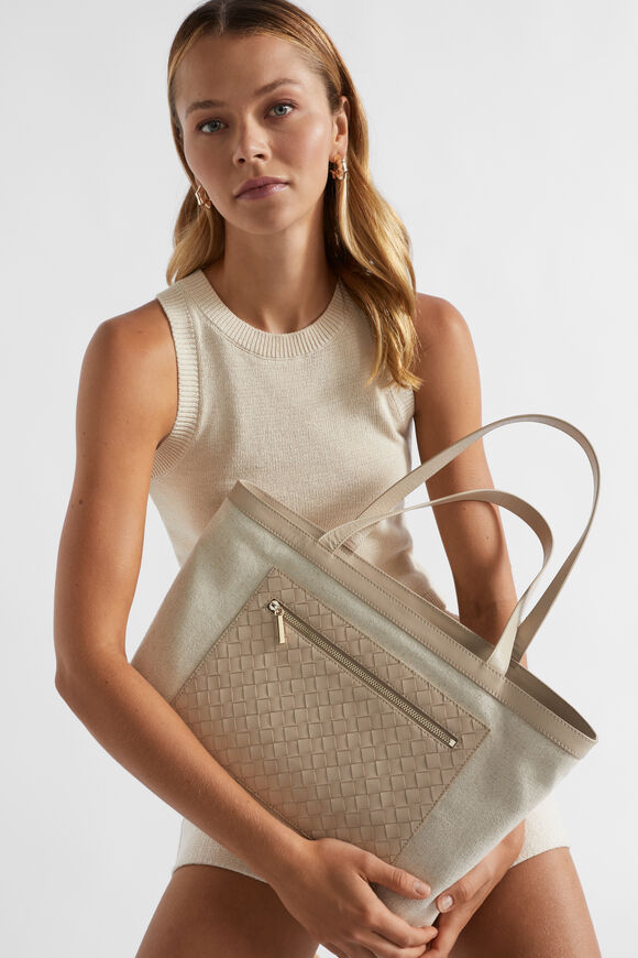 Leather Woven Fabric Tote  Champagne Beige  hi-res