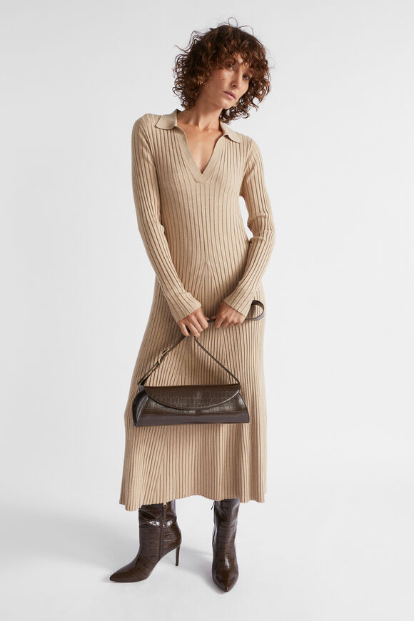 Rib Knit Polo Dress  Champagne Beige Marle  hi-res