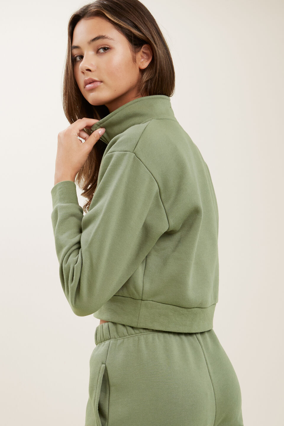 Zip Cropped Sweater  Khaki