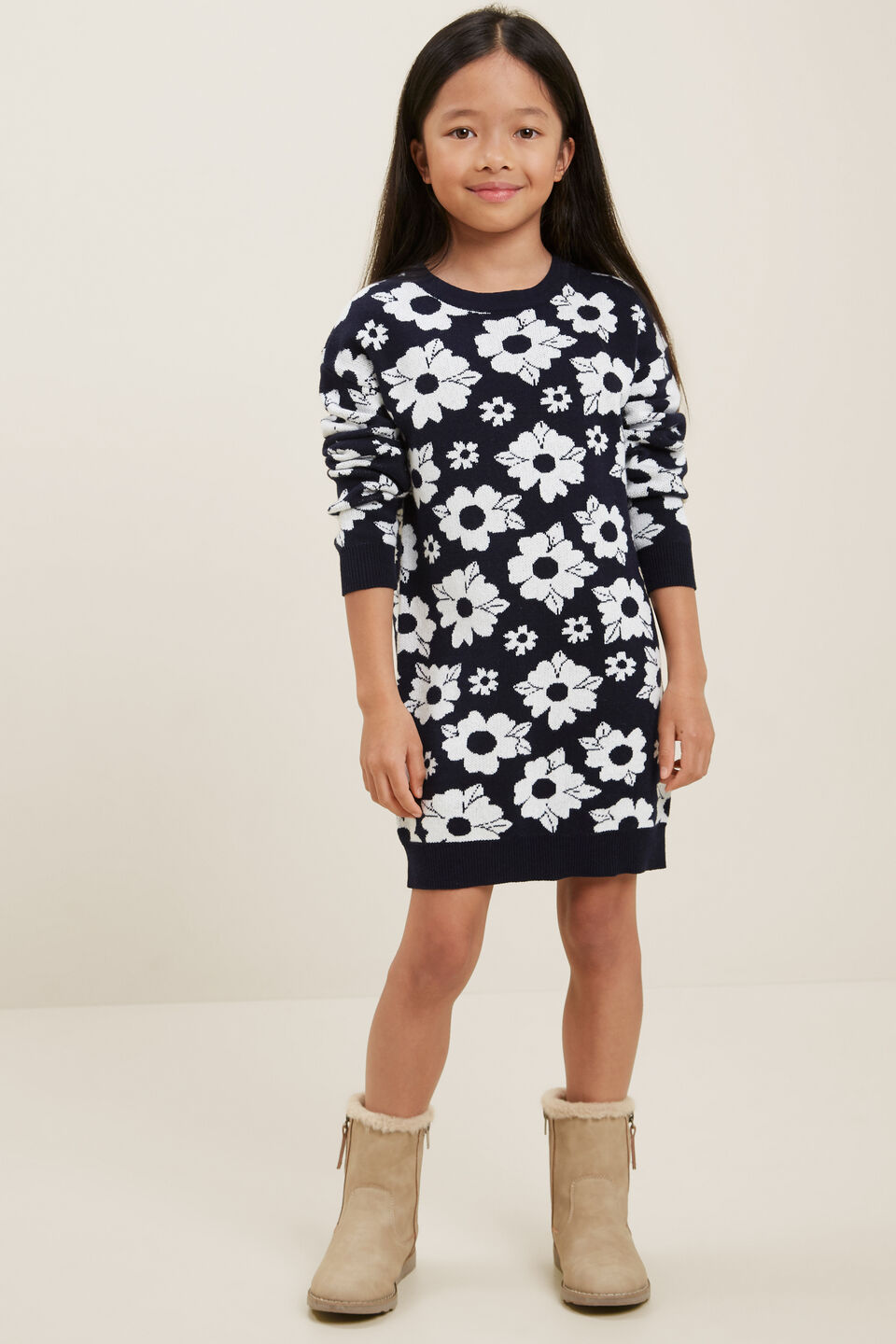 Floral Knit Dress  Navy