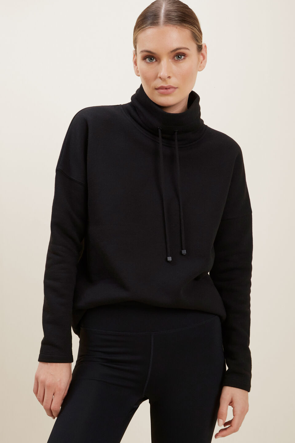 Funnel Neck Terry Top  Black