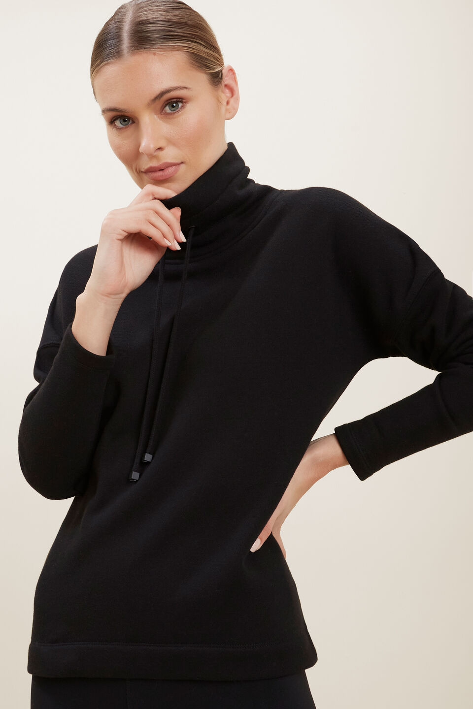 Funnel Neck Terry Top  Black