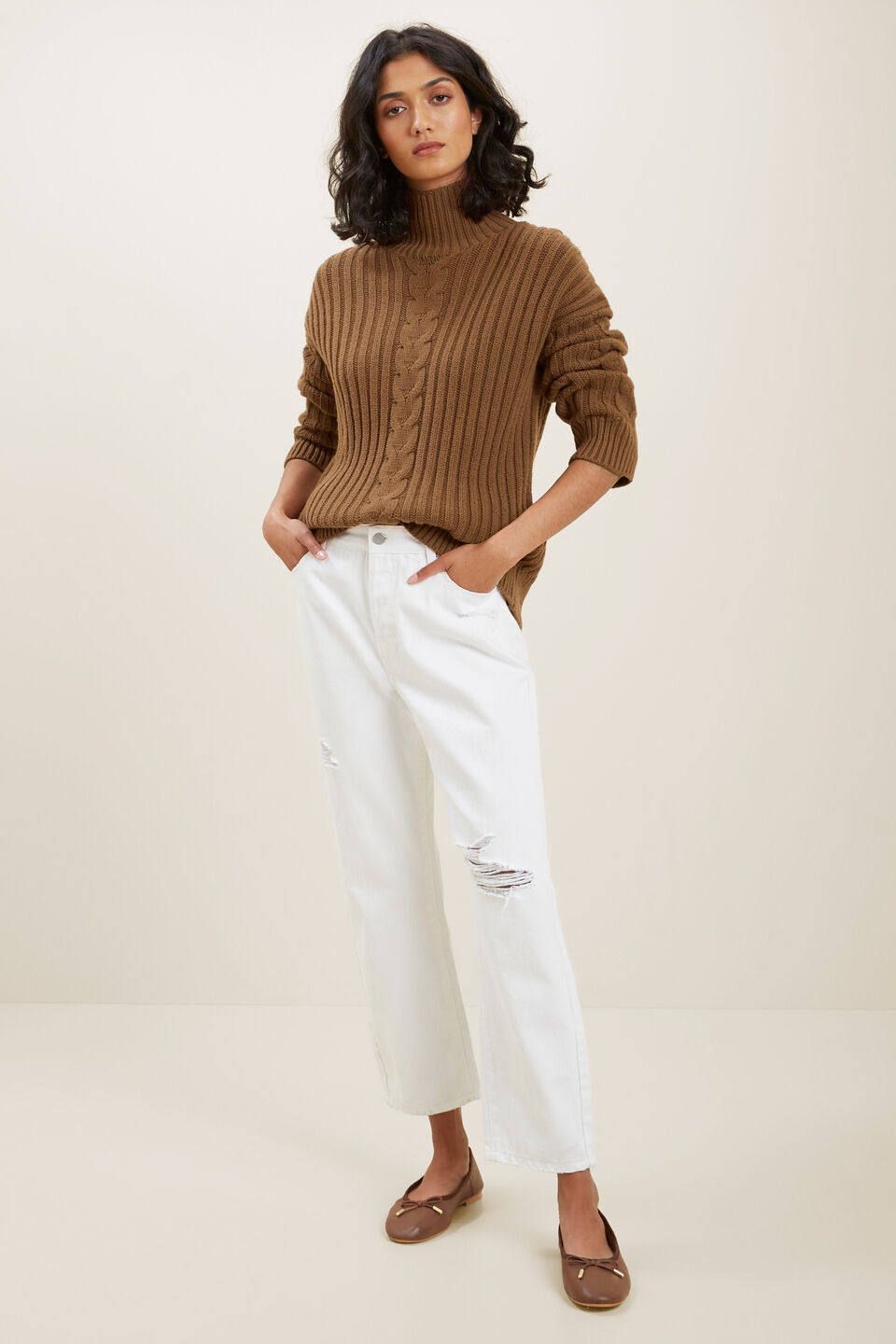 Cable Knit High Neck Sweater  Molasses