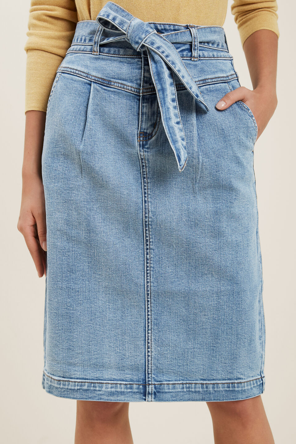 Denim Tie Waist Skirt  Mid Vintage Wash