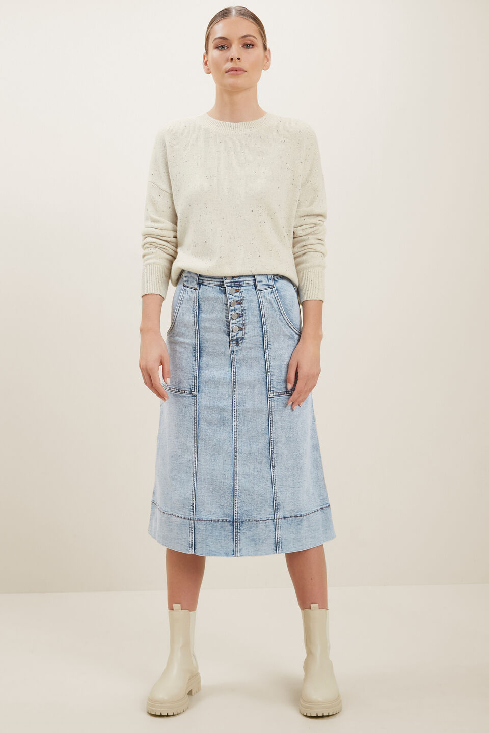 A Line Denim Midi Skirt  90s Vintage Wash