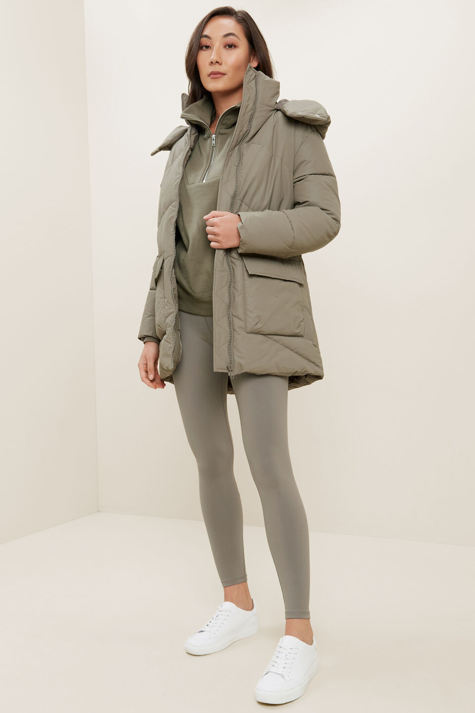 Mid Length Puffer Jacket  Olive Khaki