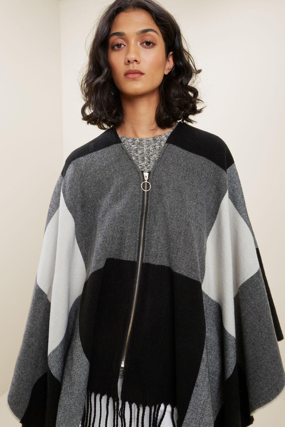 Zip Front Check Poncho  Black Multi